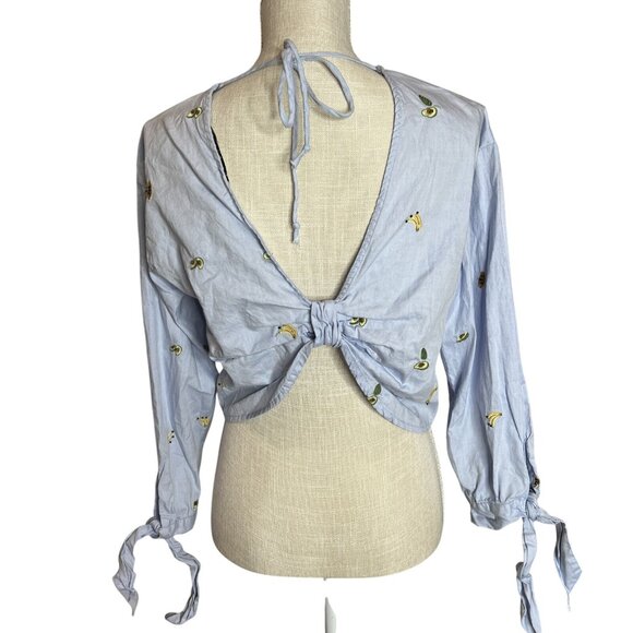 Light Blue Long Sleeve Crop Top Banana/Avocado Embroidery  Open Back  Womens S - Picture 4 of 14